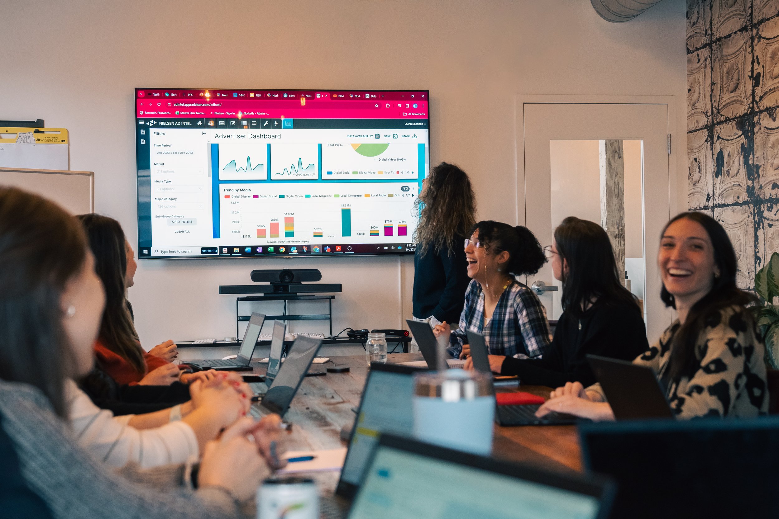 A group of team members sit around a conference table with laptops open, smiling and engaged while viewing a large screen presentation during a collaboration day session.